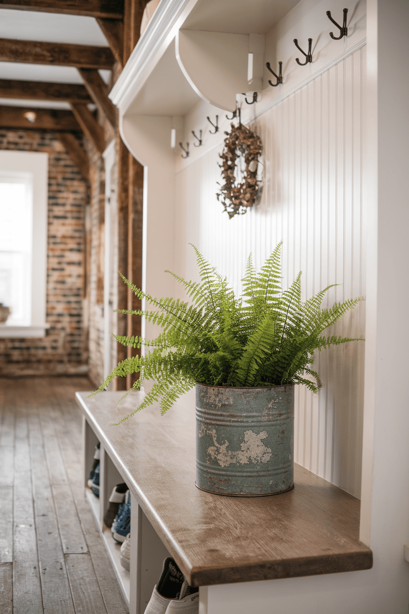 A farmhouse mudroom with a vintage pot with a fern on a wooden shelf.