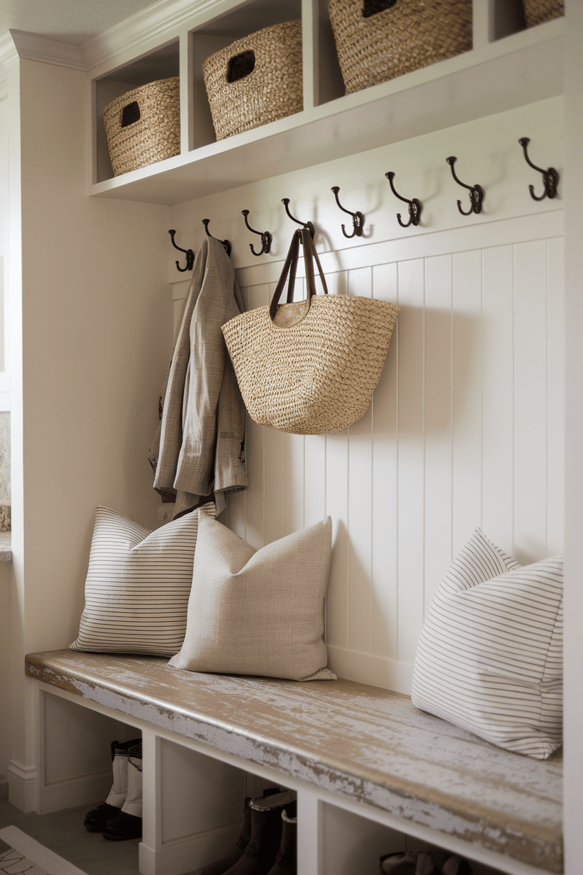 A vintage bench with pillows and hooks over it in a mud room.