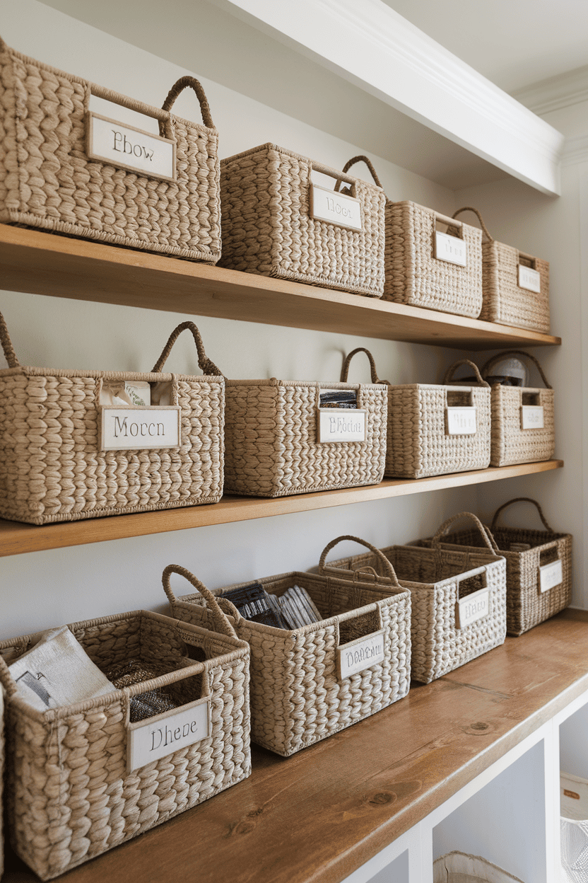 Woven baskets on the shelves in a mudroom in farmhouse.