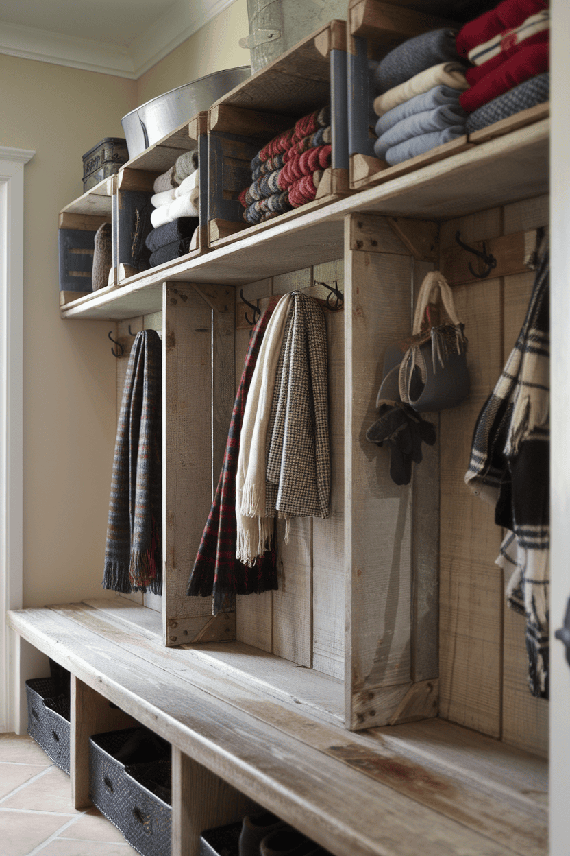 A cozy farmhouse mudraom with a slider drawer and shelves full of ceilings and accessories.