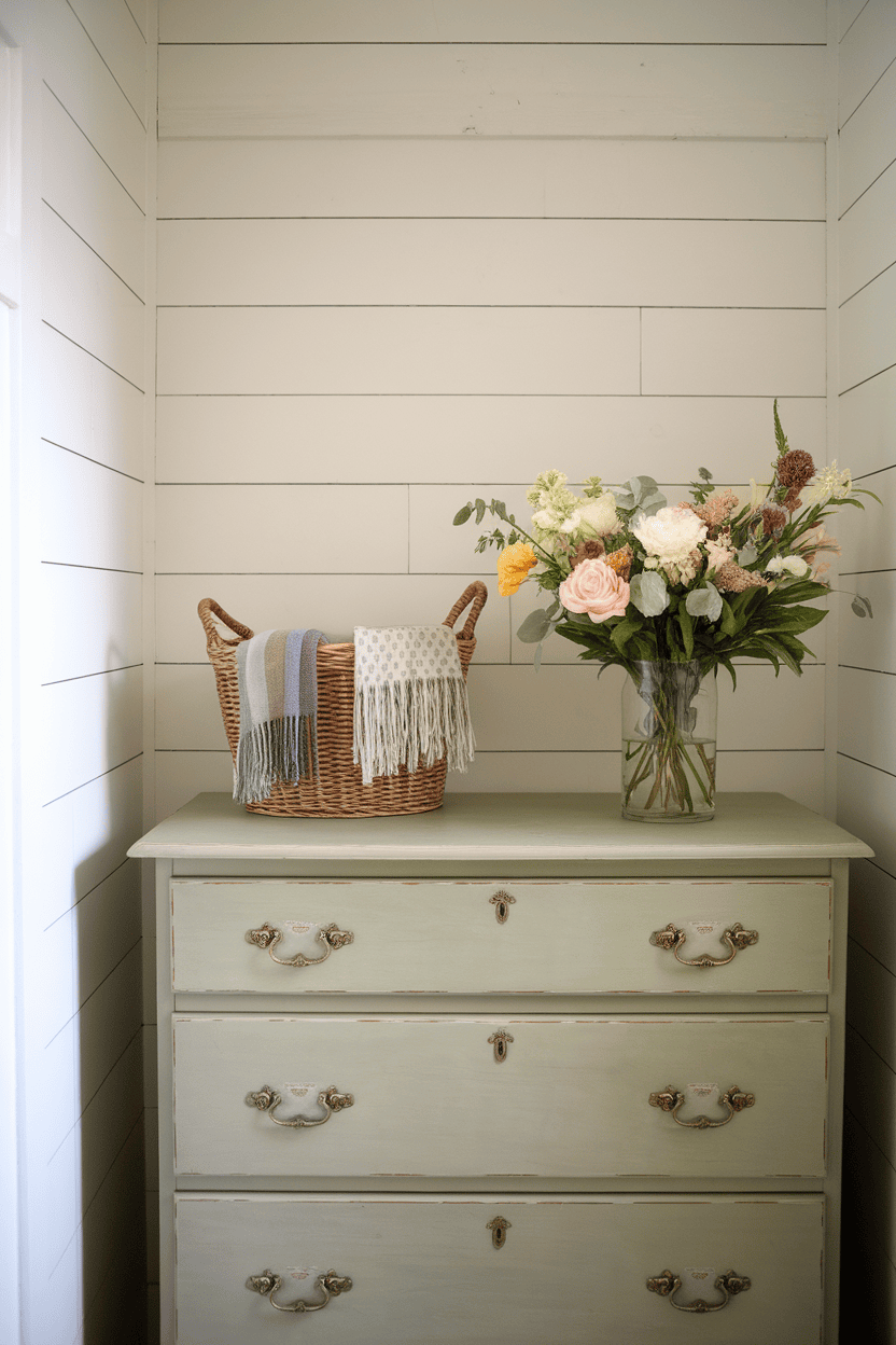 A vintage green chest of drawers with decorative handles next to a woven basket and a flower vase in a light mud room.