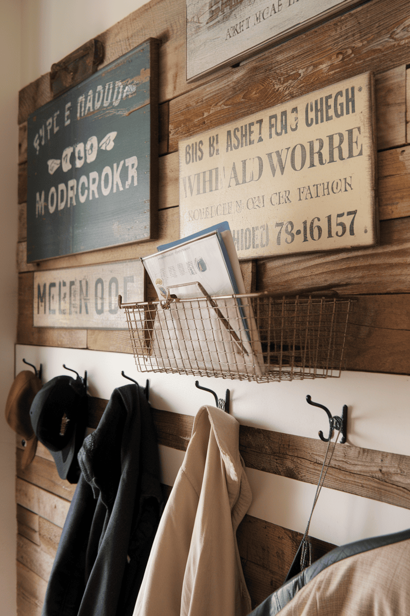 Rustic farmer -mudroom wall with signs, hooks for coats and a wire basket for the organization.