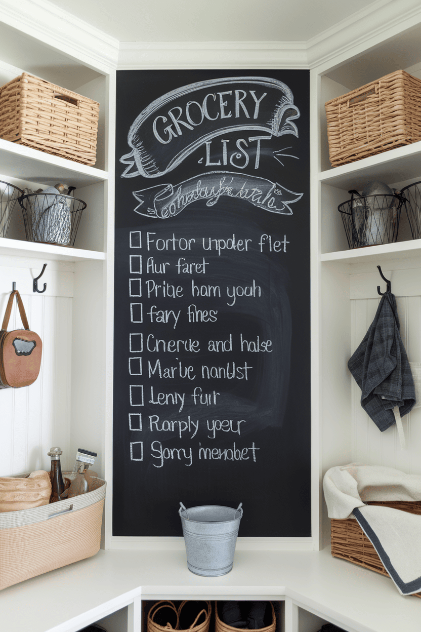 Mudroom with a panel wall with a shopping list and organized storage.