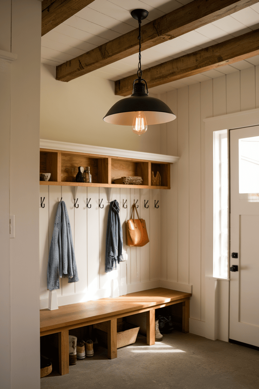 A farmhouse mdroom with a hanging light that hangs on wooden beams, with a bench, clothes hook and an inviting atmosphere.