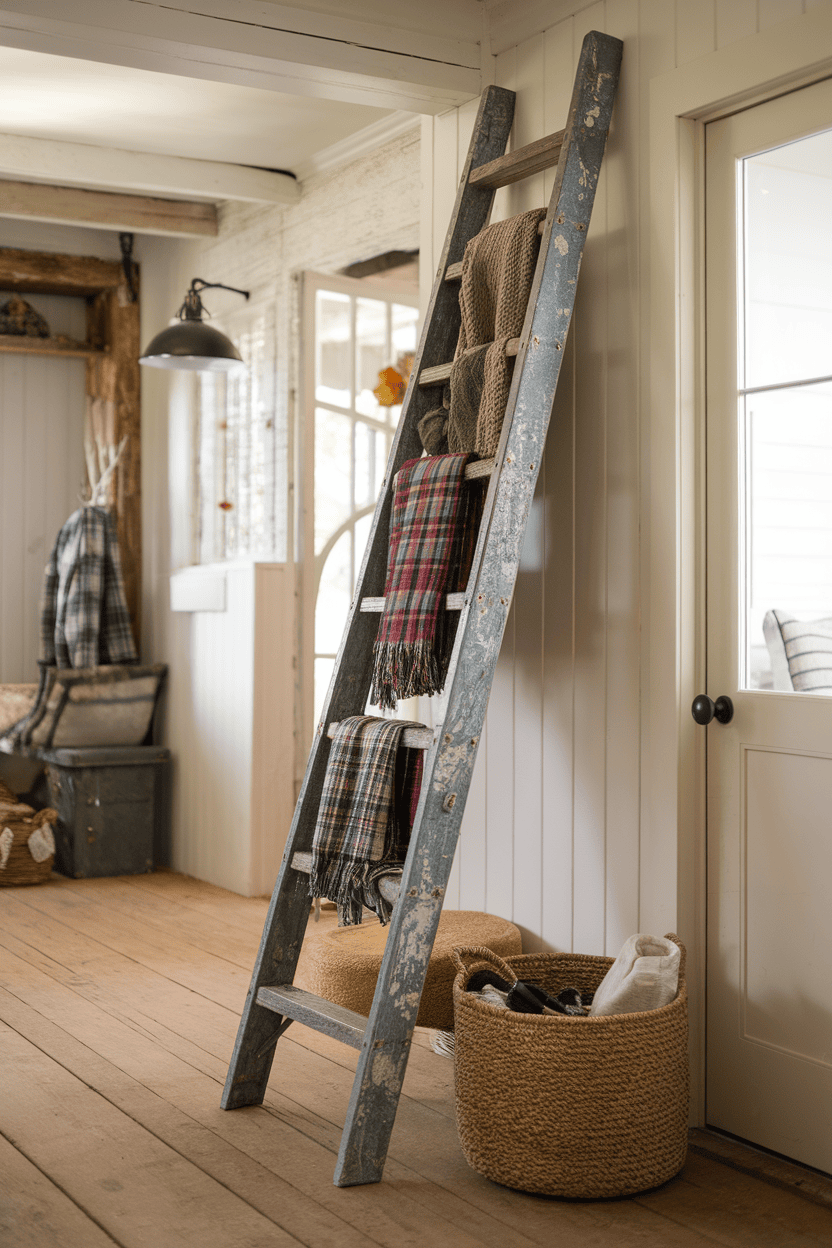 A rustic ladder that is used to store the ceilings and scarves in a mudroom farmhouse with a woven basket nearby.