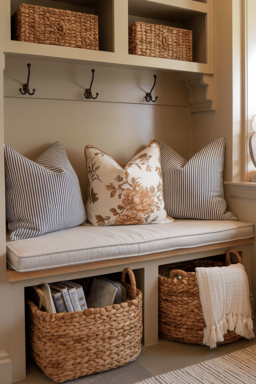 Cozy seating hall with striped and floral pillows, baskets for storage and hooks for hanging objects.