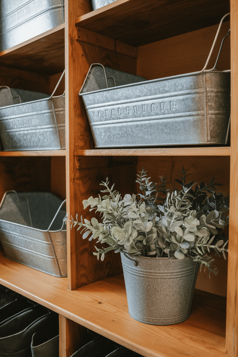 Shelves with galvanized metal containers and a potted plant in a mudroom farmhouse