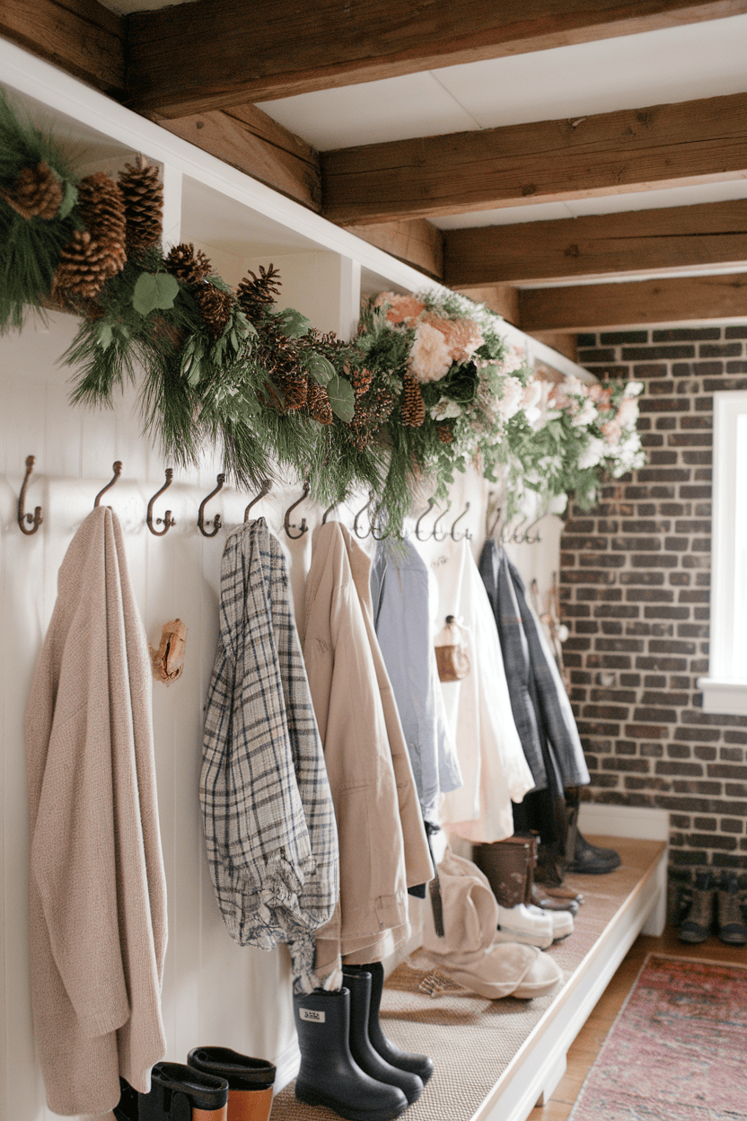 A cozy farmer's mudroom with seasonal decor with a garland made of Tinnecones and green, clothing on hooks and various boots.