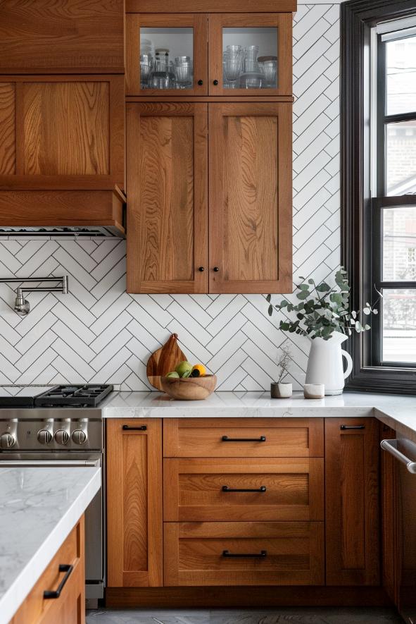 Classic white U -Bahn tiles in a herringbone pattern with bold black mortar are a timeless choice for every kitchen style. 