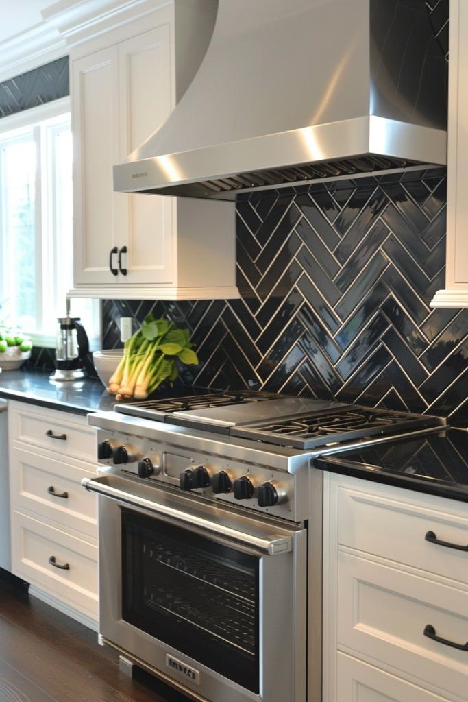 Improve your kitchen with the luxurious depth of shiny black fishgraves -U -Bahn tiles and give your space a modern advantage. 