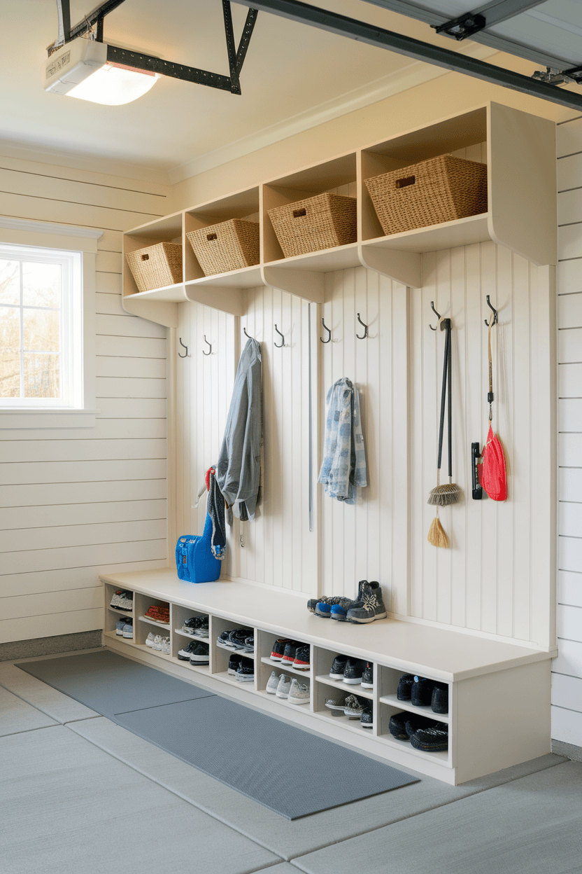 A modern garage mud room with hooks, baskets and shoe storage.