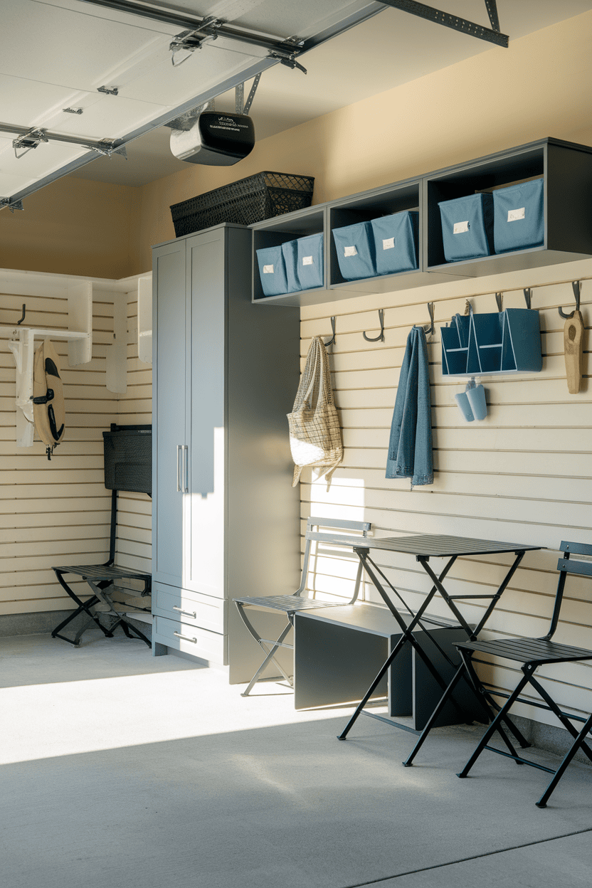 A well-organized little garage mudroom with storage containers and seating.