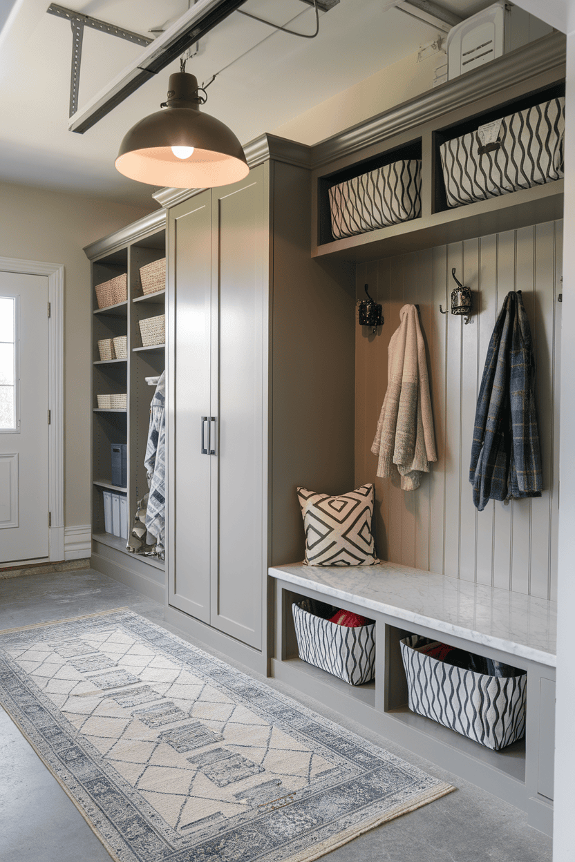 A well-organized and stylish garage mudroom with warehouse shelves, a bank and decorative elements.