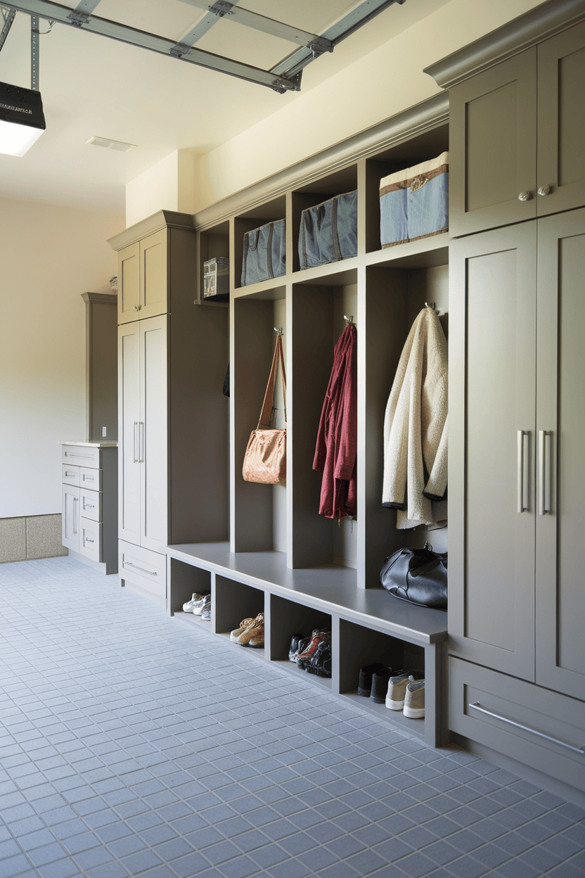 Organized Garage Mudroom with storage for shoes, bags and clothes