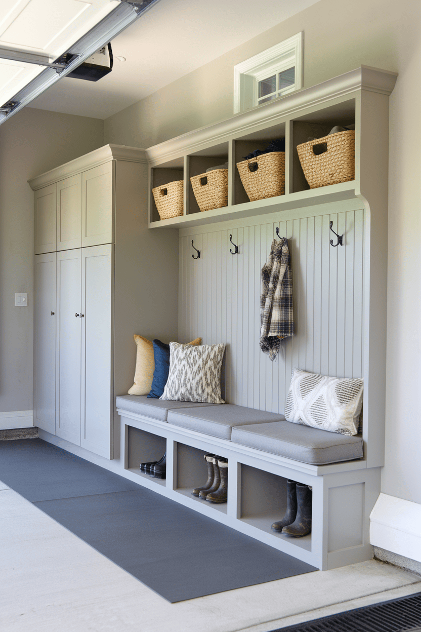 Stylish garage mudroom with seating and storage baskets