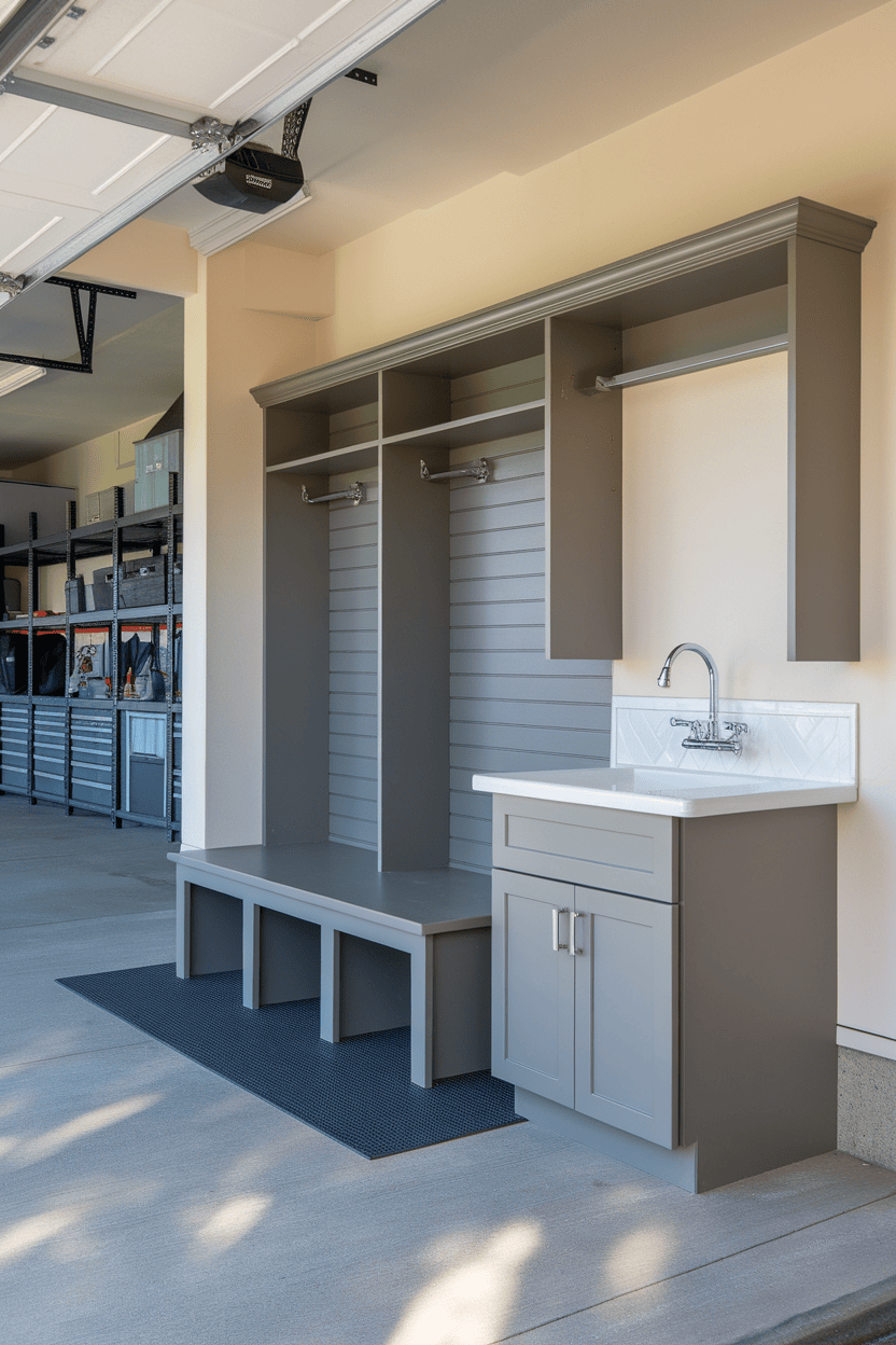 A practical garage mutroom with a bench, hook and a sink.