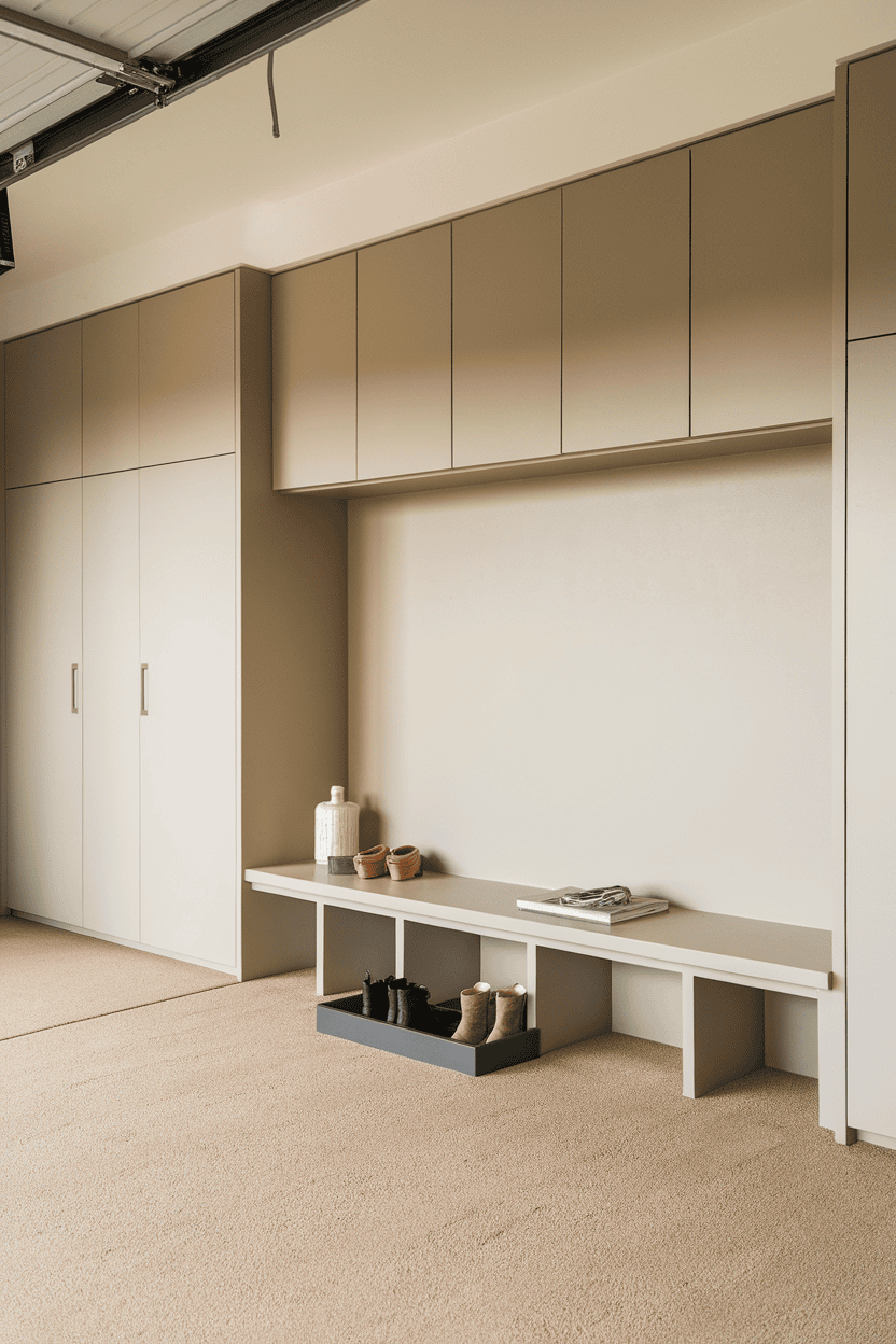 A minimalist garage with neutral tones and a clean design with storage cabinets and a bench.