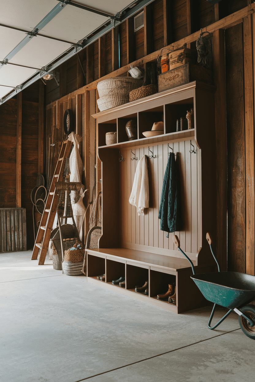 A rustic garage mud room with wooden walls, a bank with hooks and various bearing objects.