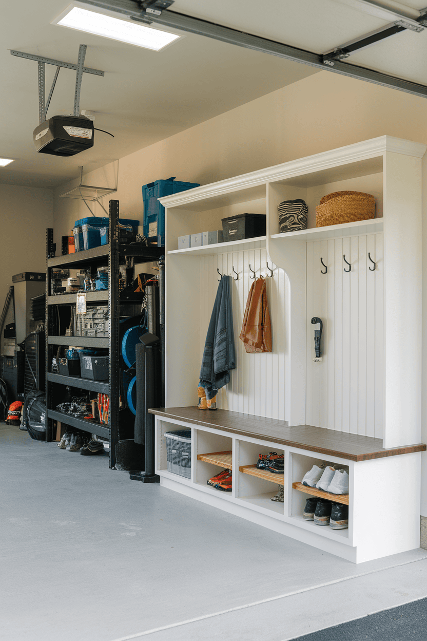 A well-organized garage mudroom with cupboards, hooks and shelves for storage.