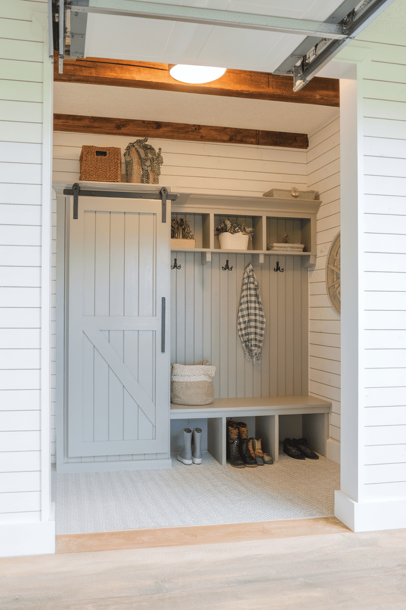 A stylish garage with a sliding door, shelves, hooks and a cozy bench.