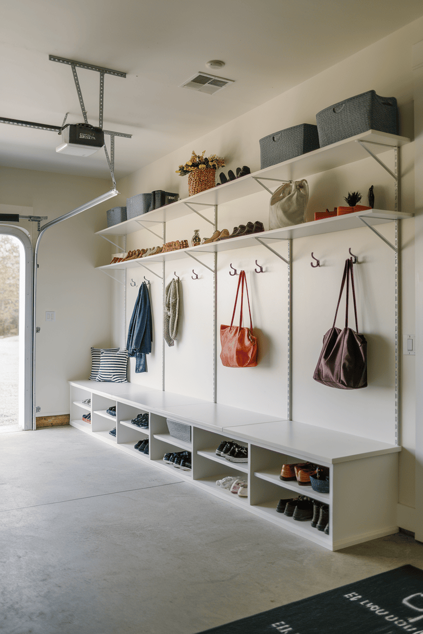 A well-organized garage mudroom with an open shelf, shoes, bags, baskets and a cozy seating area.