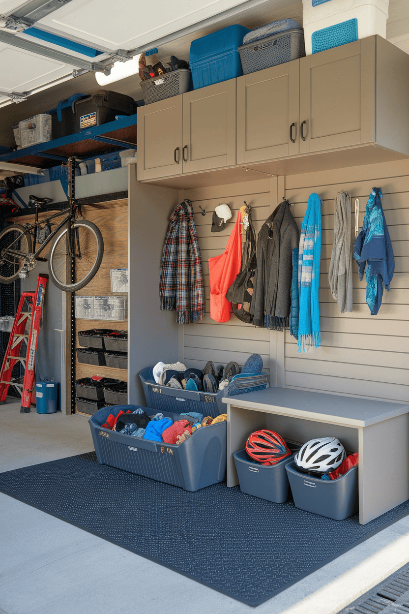 Organized garage mud rooms with shelves, hooks and storage containers for seasonal equipment.