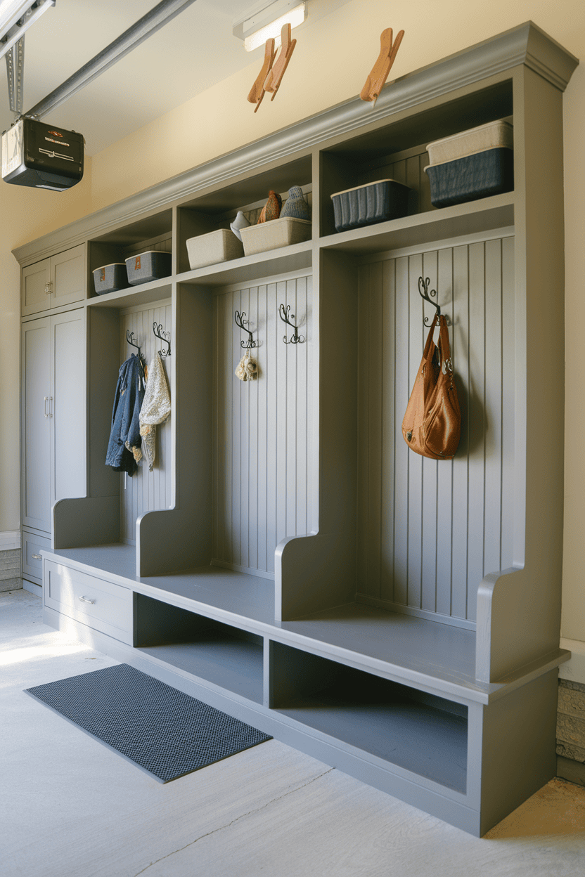 A well-organized garage mudroom with hooks and storage tanks.