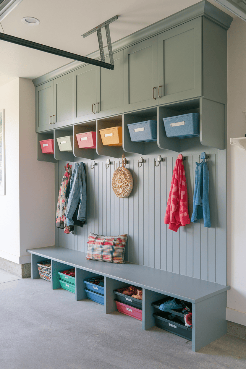 A well-organized garage mudroom with hooks for clothing, colorful warehouse tank and a bank.