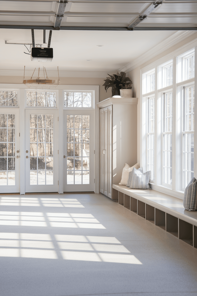 Light and airy garage mud room with large windows and cozy bench