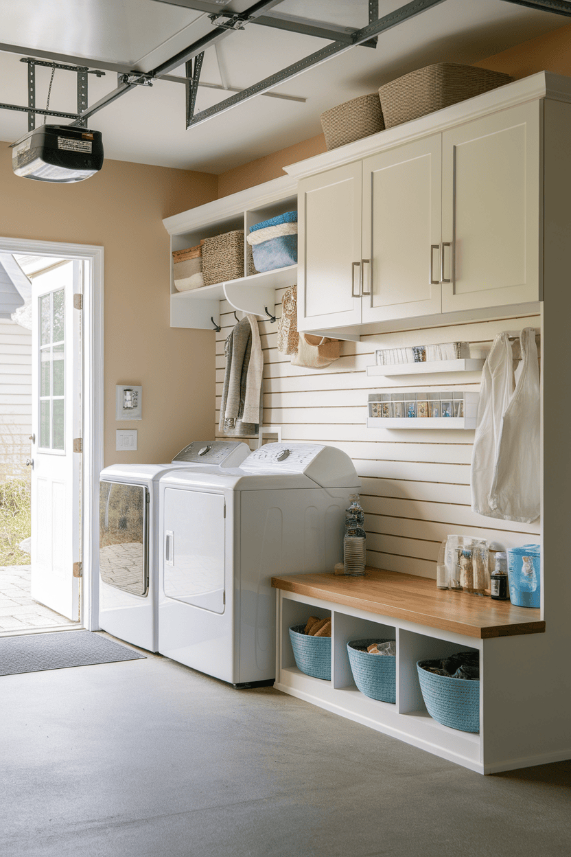 A well-organized garage mudroom with laundry devices, warehouse baskets and an inviting entrance.