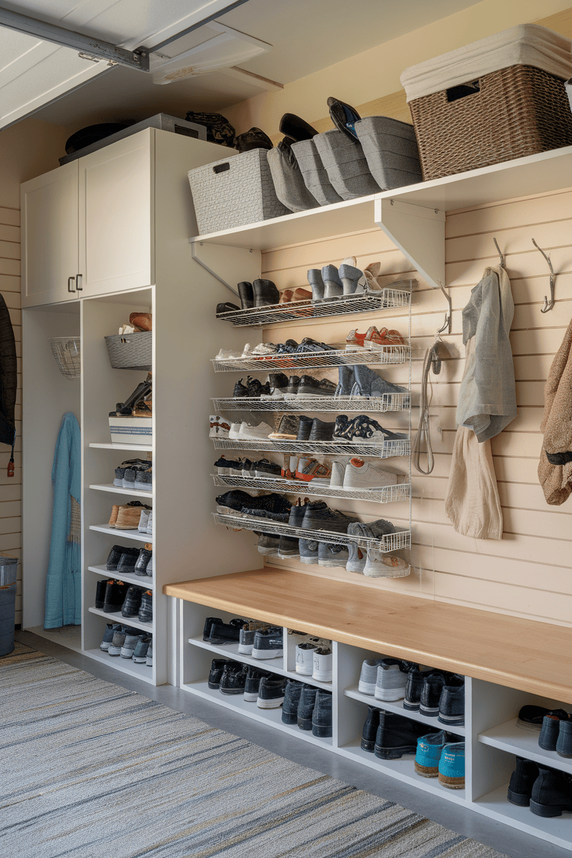 Organized shoe storage area with shelves and baskets in a garage mud room.