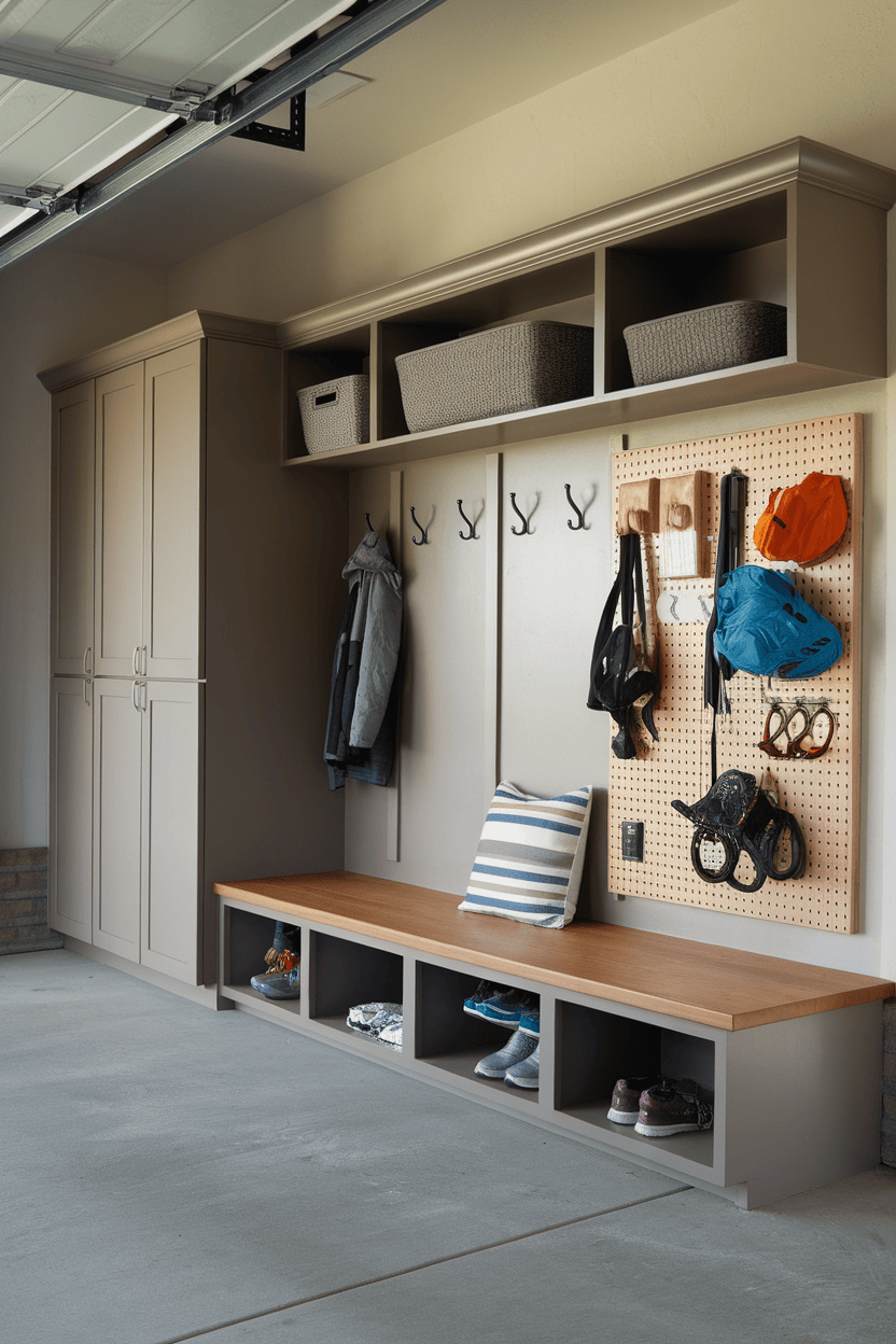 A well-organized garage mudroom with hooks, shelves and a bank for storage.