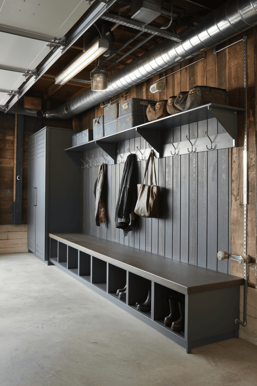 A stylish garage with a bank with a bank, hook for hanging and storage space.