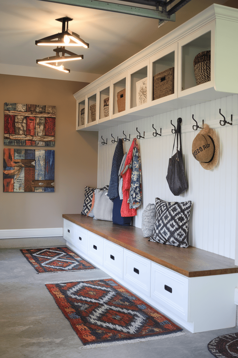 Stylish garage mud room with storage, hooks and decorative elements.