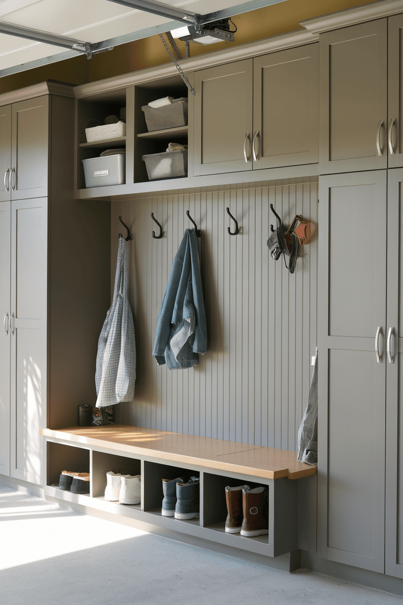 A compact garage mutroom with storage cabinets, hooks for hanging objects and a bank with shoe storage.