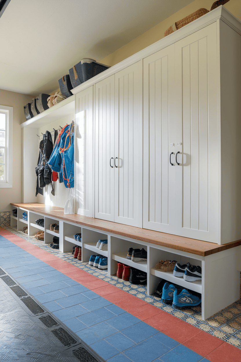 A stylish garage with strong flooring, storage cabinets and organized shoe storage.