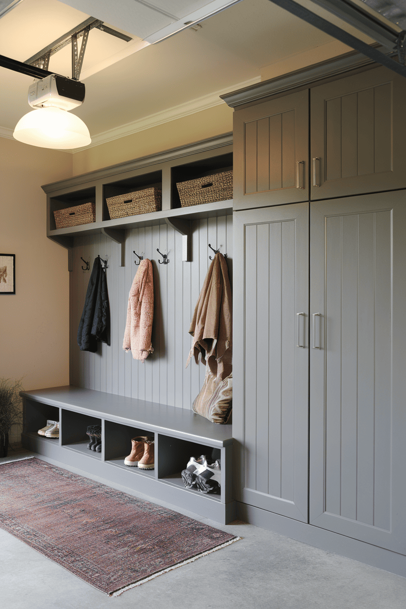 A stylish garages with hooks for coats, shelves for storage and a cozy carpet.