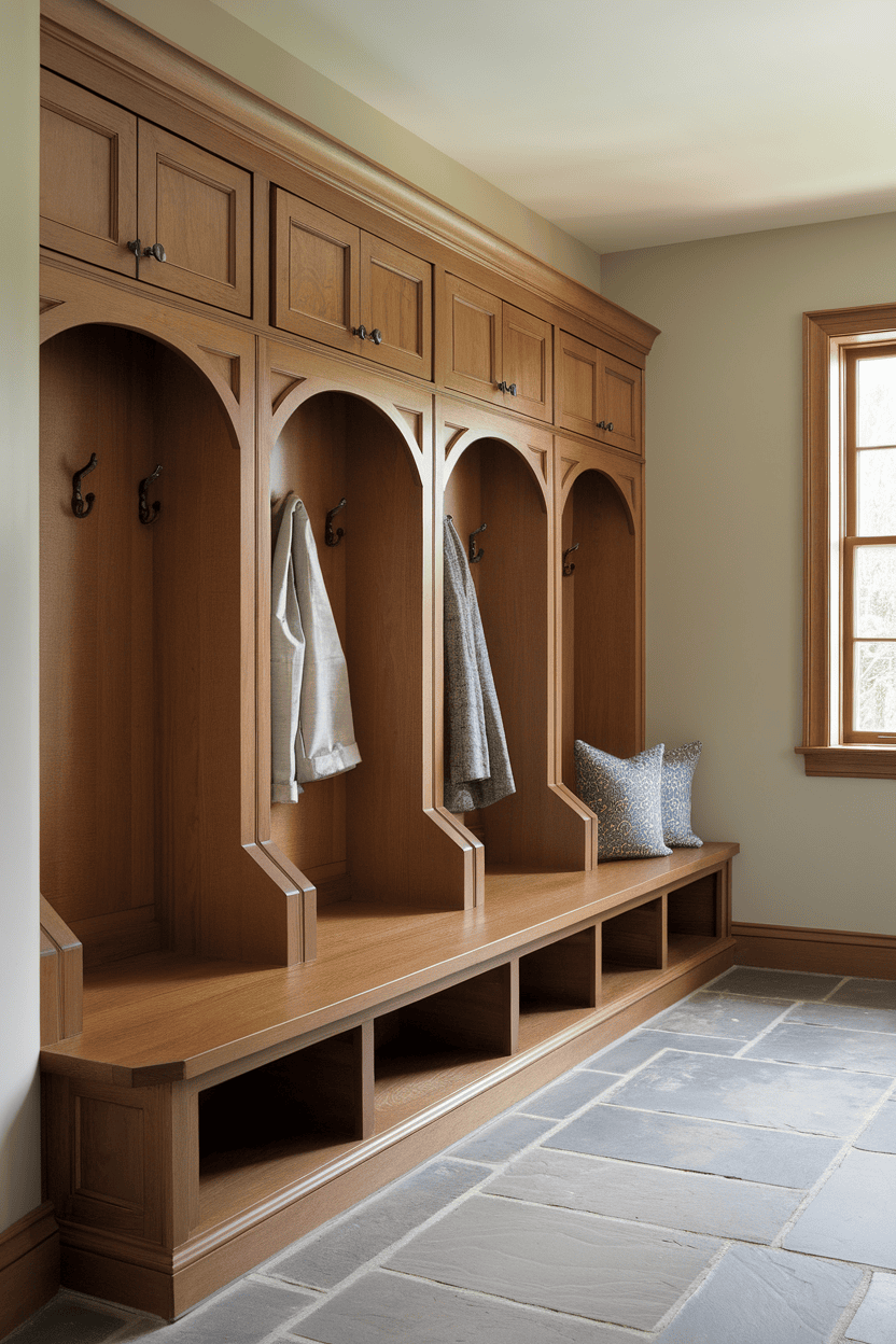 Special designs of wooden mutroom cabinets with hook and seating area.