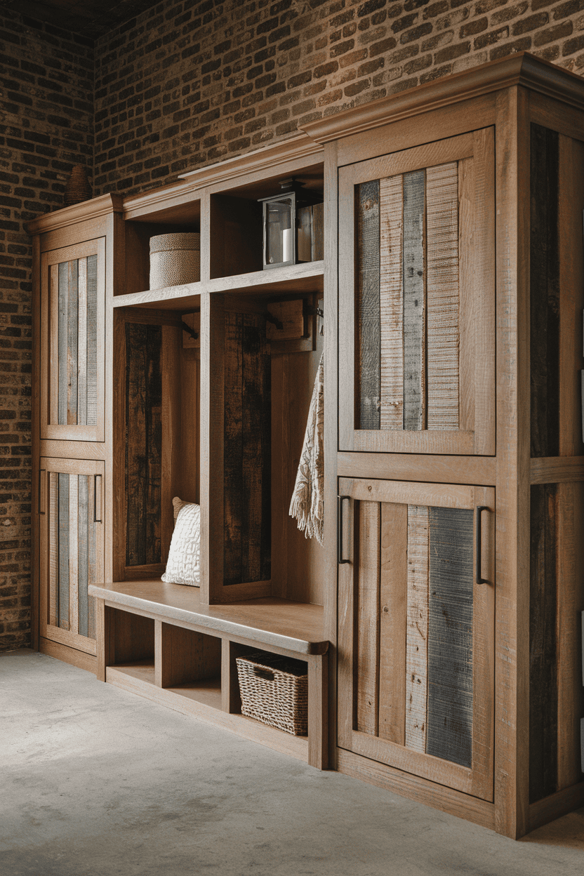 Rustic woodenroom cabinets with a bank that show different textures and a cozy design.