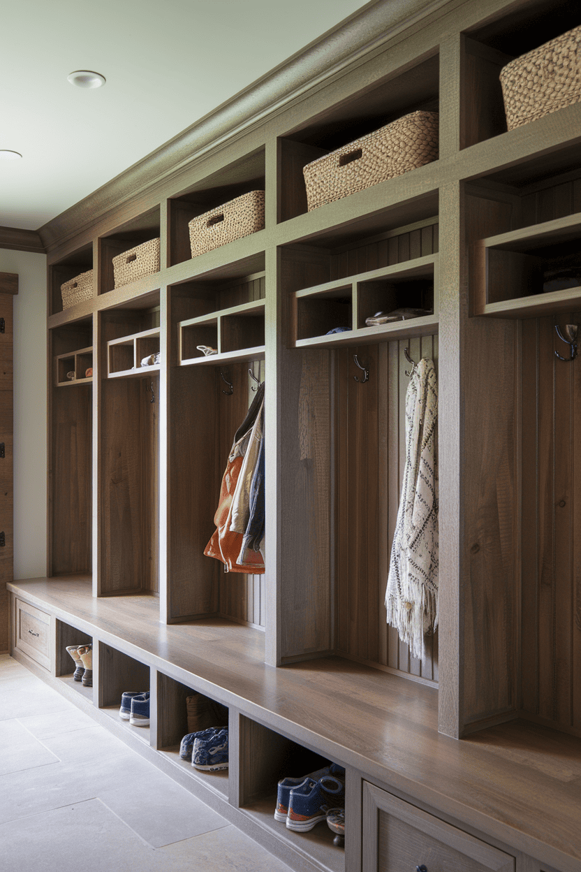 Stylish mudroom cabinets with hooks and baskets for storage.