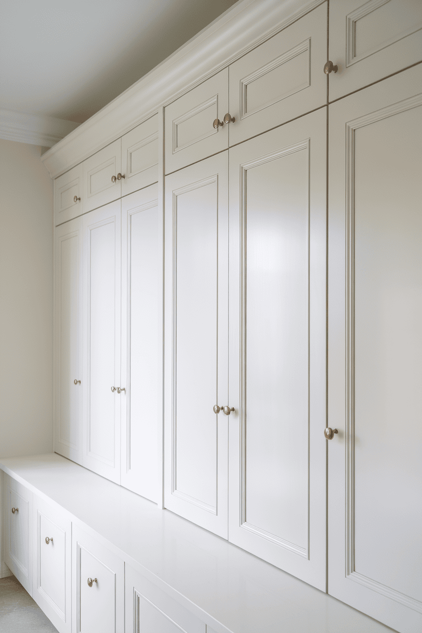 Classic white mutroom cabinets with golden buttons