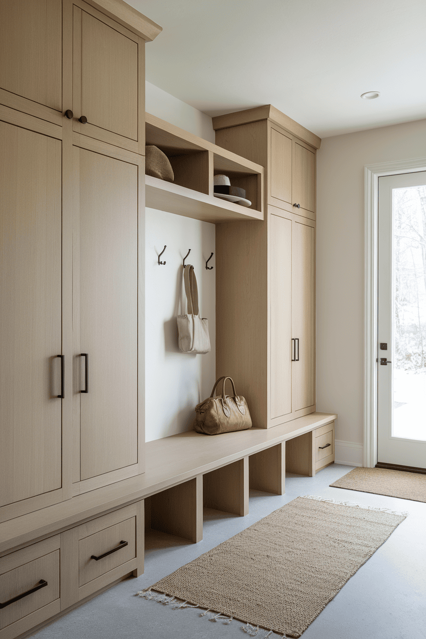 A minimalist mutroom with elegant cupboards, hooks and a bank.