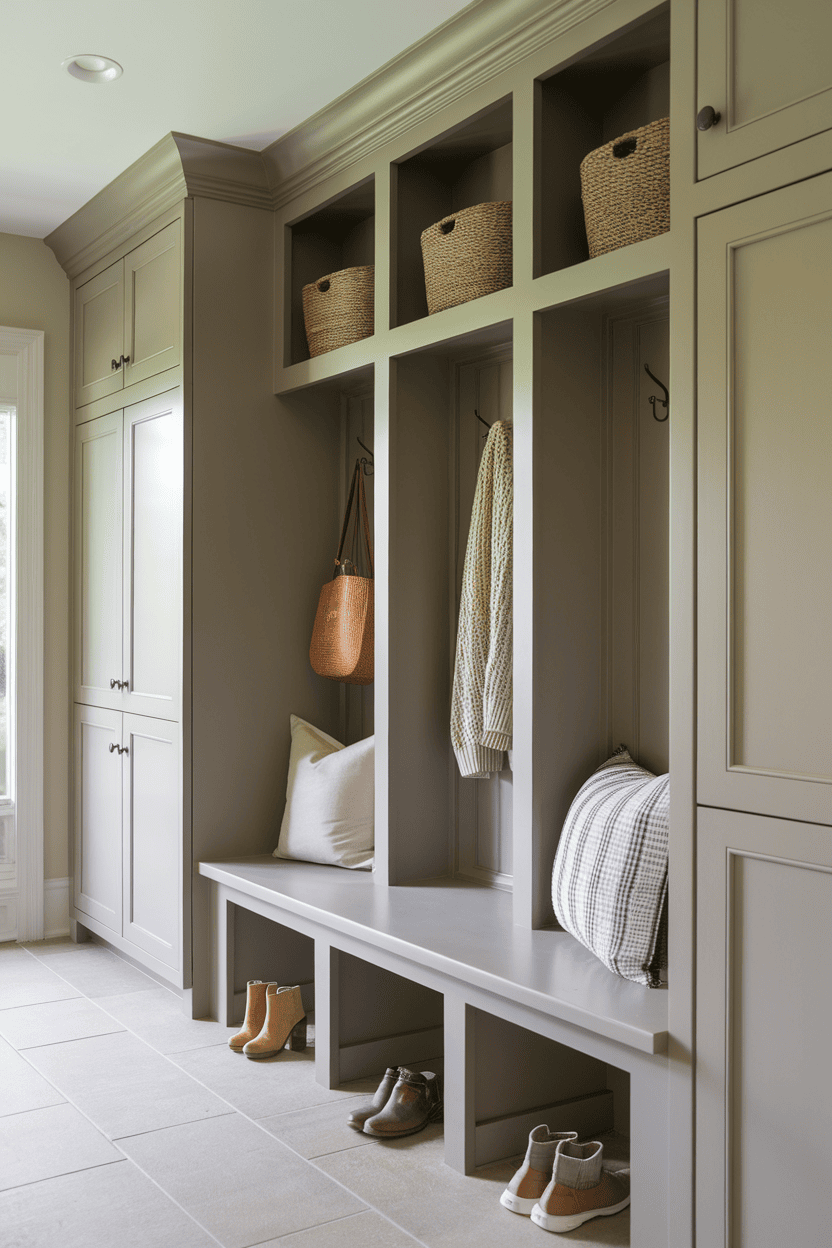 A well -organized mudroom with built -in cupboards and a bank