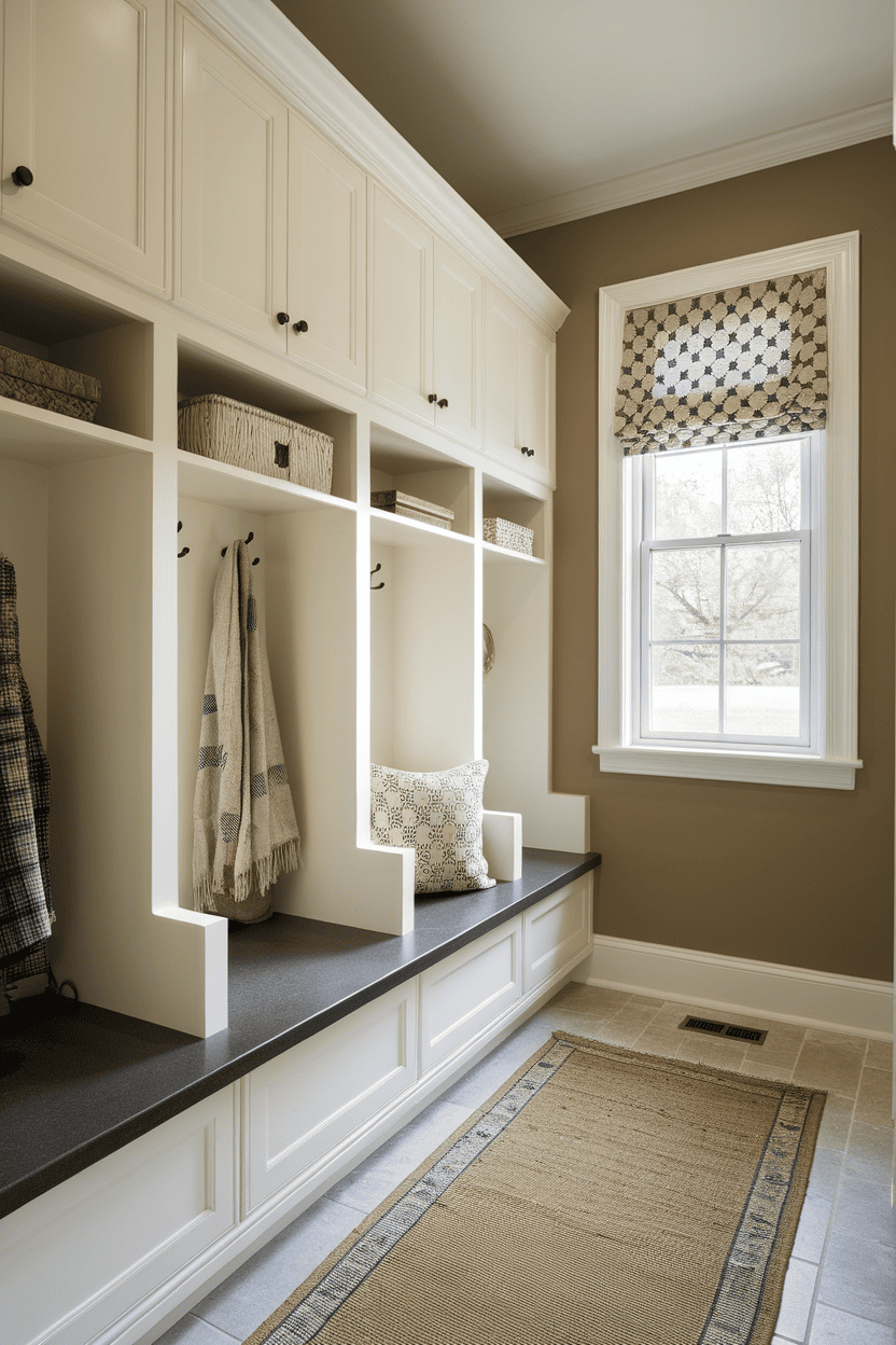 A well -organized little tmroom with white cupboards, hooks for coats and a cozy bench.