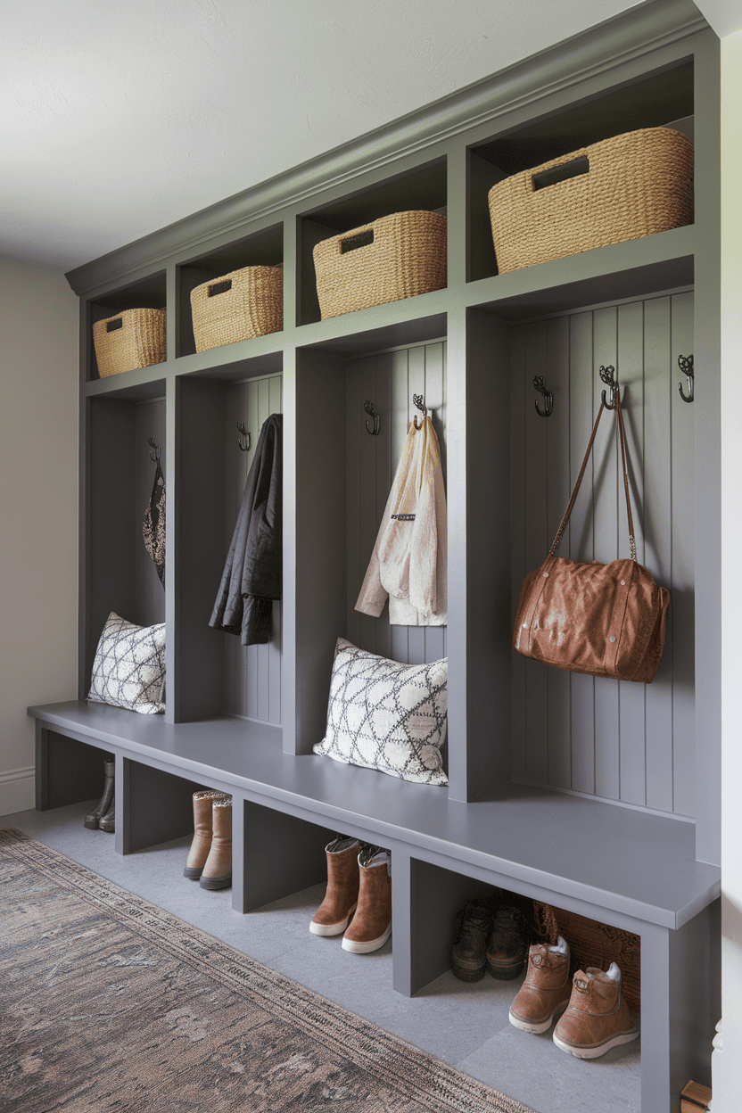 A stylish mudroom cabinet with baskets, hooks and seating.