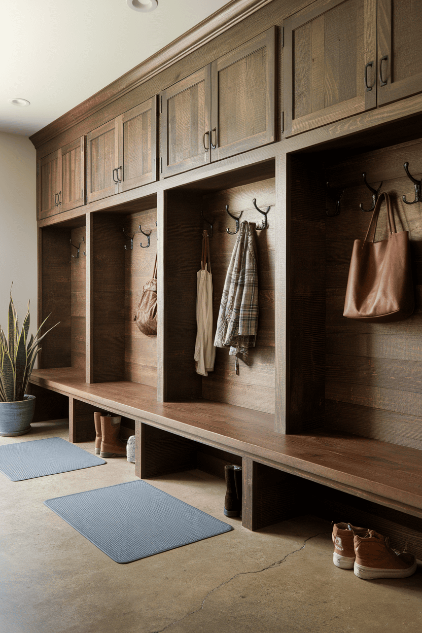 A stylish mud room with wooden cabinets, hooks and a bench for the organization.