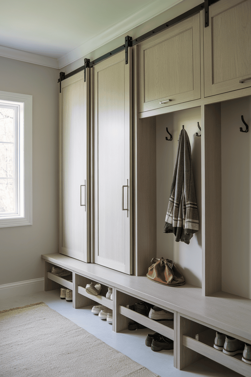 Mudroom cabinet with sliding doors in a well-organized room