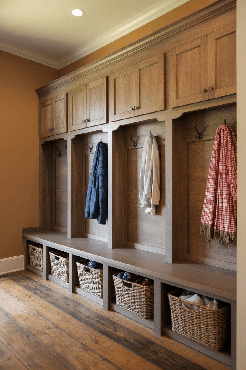 Cozy farmhouse Mudroom with wooden cabinets and storage baskets.