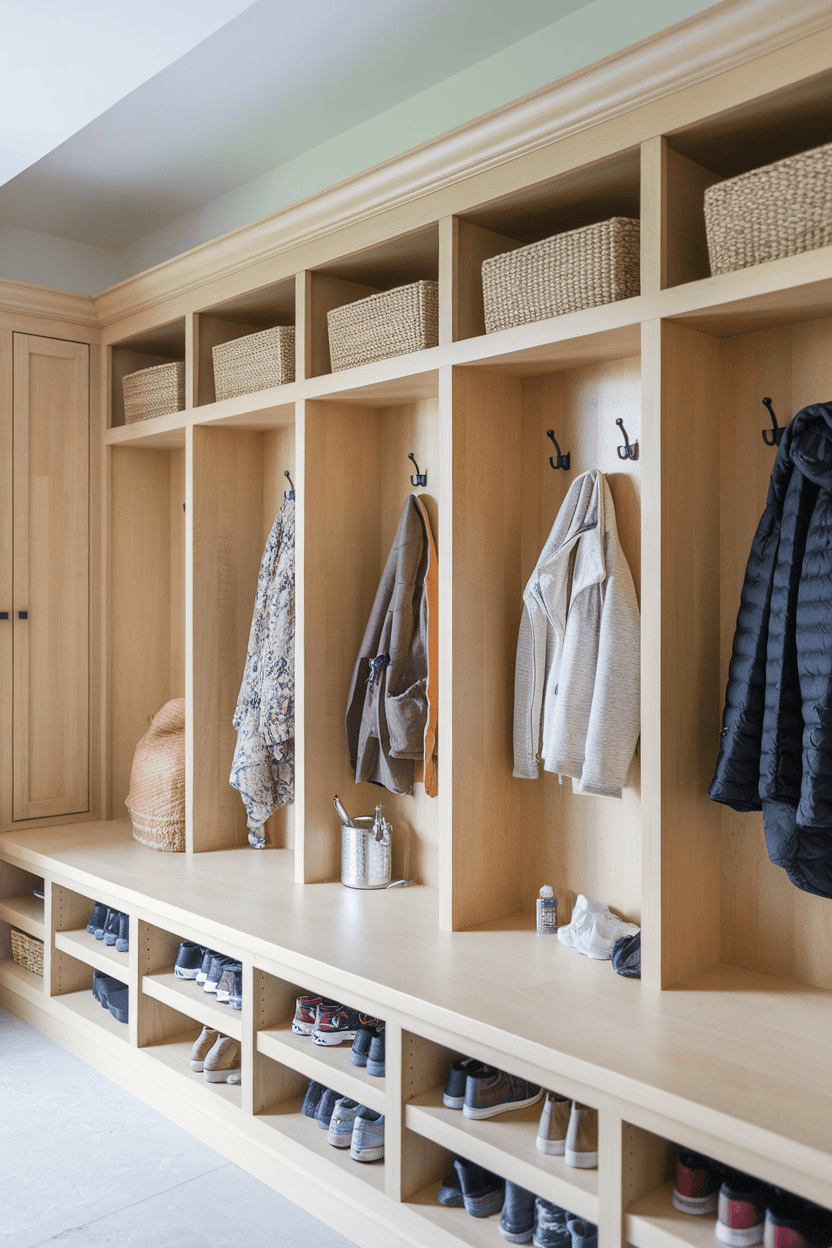 A spacious mud room with wooden cabinets, hooks for coats and shelves for shoes.