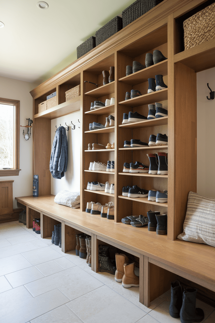 A well -organized mudroom with cupboards with shoe storage and hooks for coats.